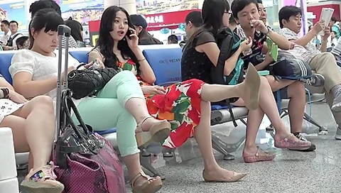 Asian Beauty In Summer Dress Caught On The Airport Dangling Her Shoe