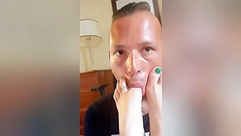 Horny Boyfriend Sucking My Hot Toes With Green Nail Polish Close Up