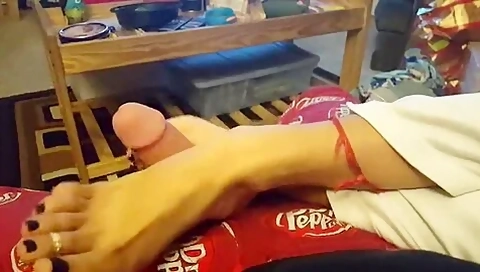 Secretly Filmed Hot Wifey Using Her Amazing Feet On My Strong Penis