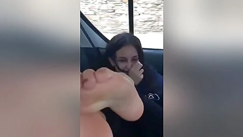 Flighty Neighbor Touches Her Pretty Naked Toes And Feet At The Back Seat Of My Car