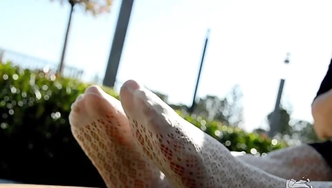 Mistress Sexy Feet In White Fishnet Pantyhose In The Park