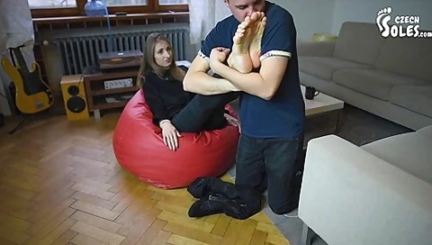 Dark Haired Girl Gets Her Gorgeous Feet Massaged And Sniffed By Pervert