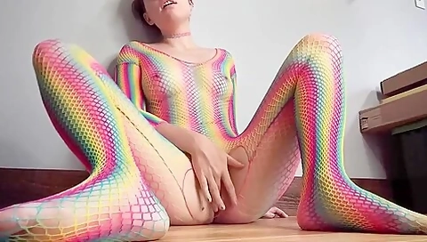 Short Haired teen 18+ Masturbates Hard On The Floor In Her Colorful Fishnets