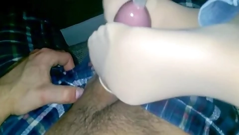 Nylon Feet Jerking Condom Covered Cock