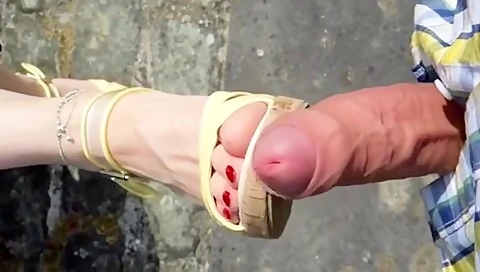 Big Boobed Milf Touching A Cock With Her Amateur Feet Until It