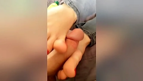 Amateur Hottie In Jeans Wanks A Cock With Her Fantastic Feet In Bed