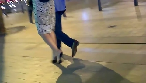 Wonderful Amateur Woman In Sophisticated Dress Wearing High Heel Candid Mules Down Town