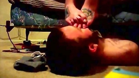 Guy With A Beard Sniffing Sexy Tattooed Amateur Feet On The Floor