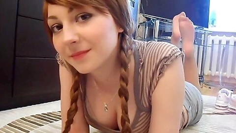 Cute Young Brown-haired Girl In Nylons Her Body And Gives You A Close-up Of Her Feet