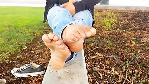 Sexy Asian Girl Relaxes On The Bench And Shows You Her Adorable Feet