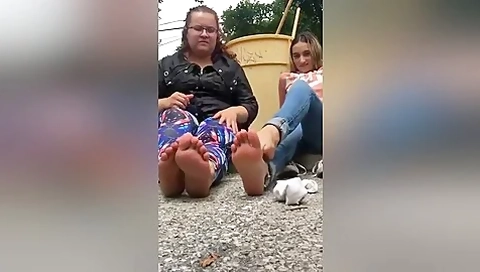 Amateur Girlfriends Sitting On The Ground In Public Showing Off Their Hot Feet