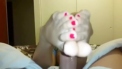 Girlfriend With Red Toe Nails Giving Me Hot Reverse Footjob In Bed