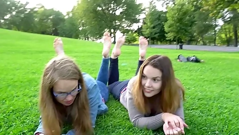 Two Cute College Babes In Blue Jeans Chilling Barefoot In Public